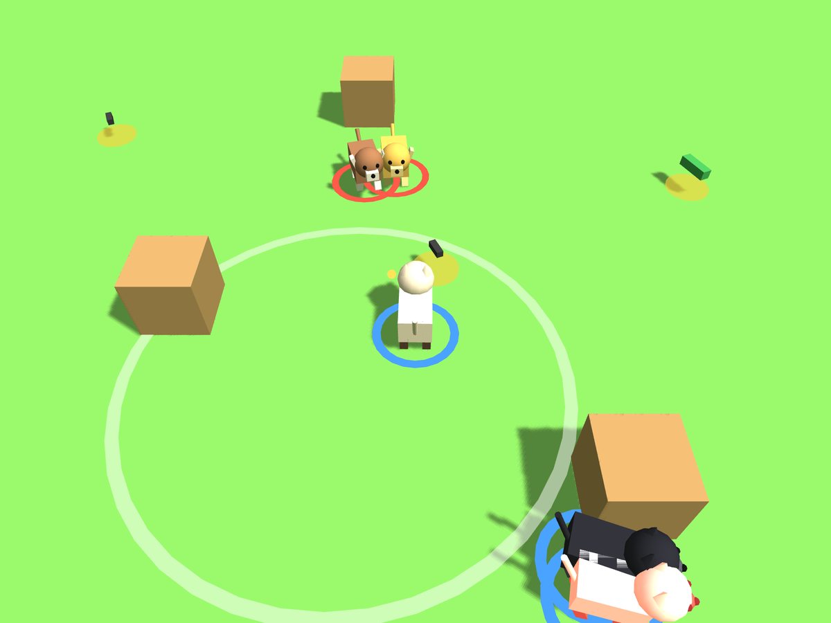 Partida em 3D: um gato siamês no campo cercado por cachorros e caixas